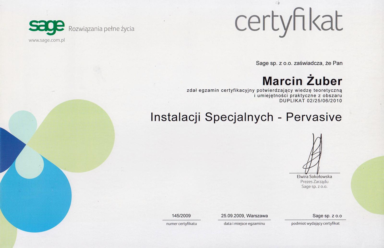 Potwierdzenie zadania egzaminu certyfikacyjnego - Instalacje specjalne Pervasive Marcin Żuber