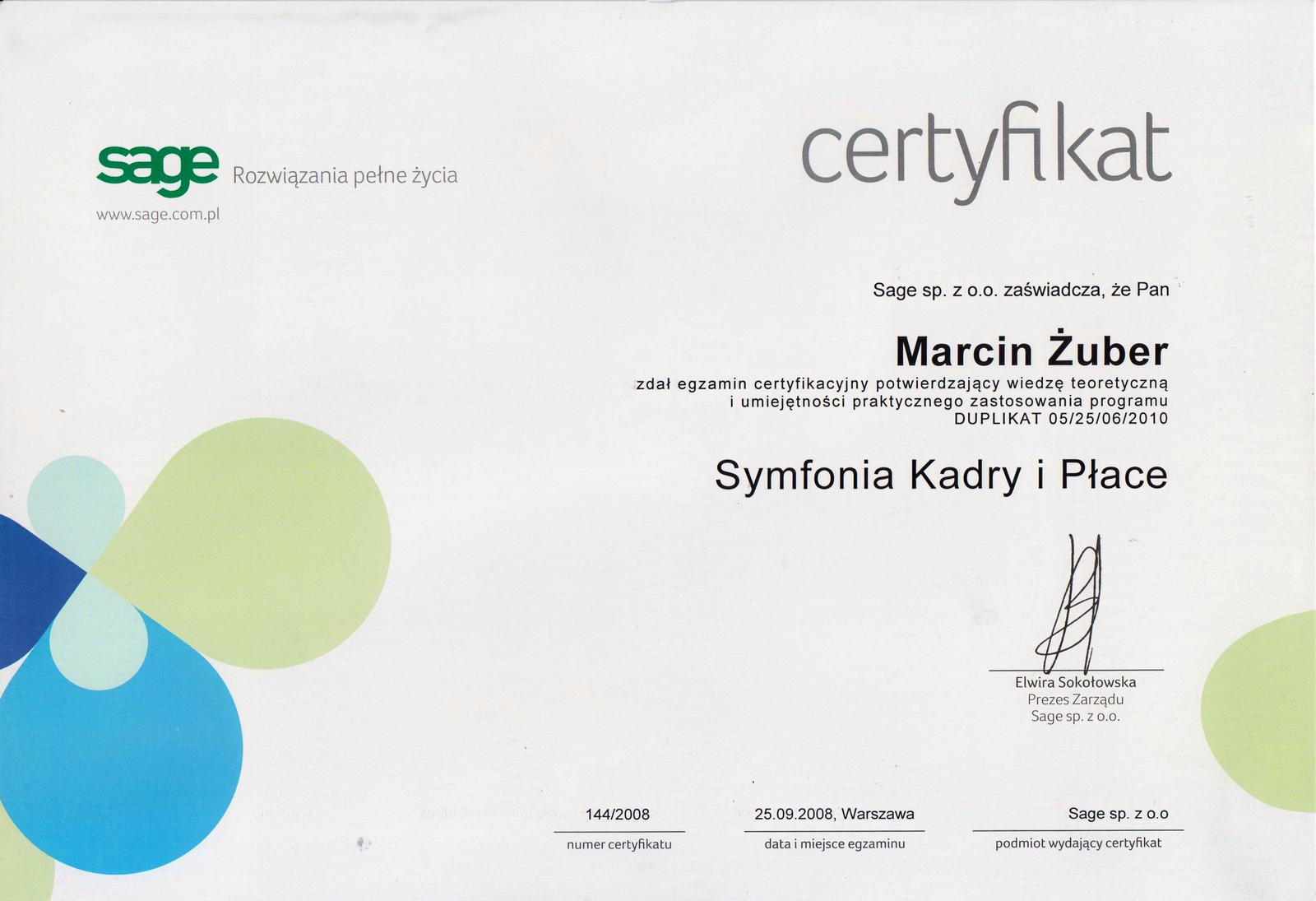 Potwierdzenie zadania egzaminu certyfikacyjnego - Kadry i Płace Marcin Żuber