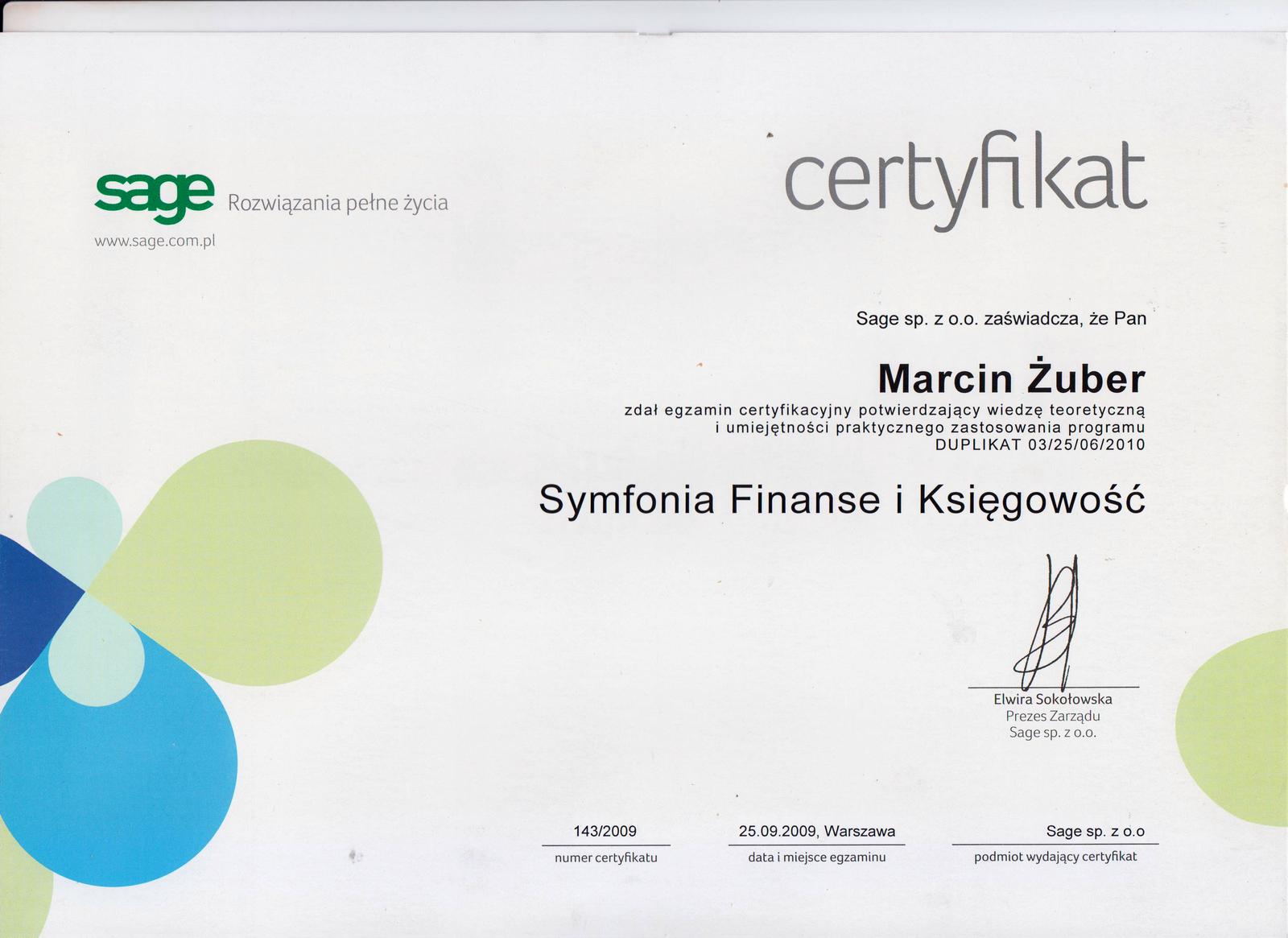 Potwierdzenie zadania egzaminu certyfikacyjnego - Symfonia Finanse i Księgowość Marcin Żuber