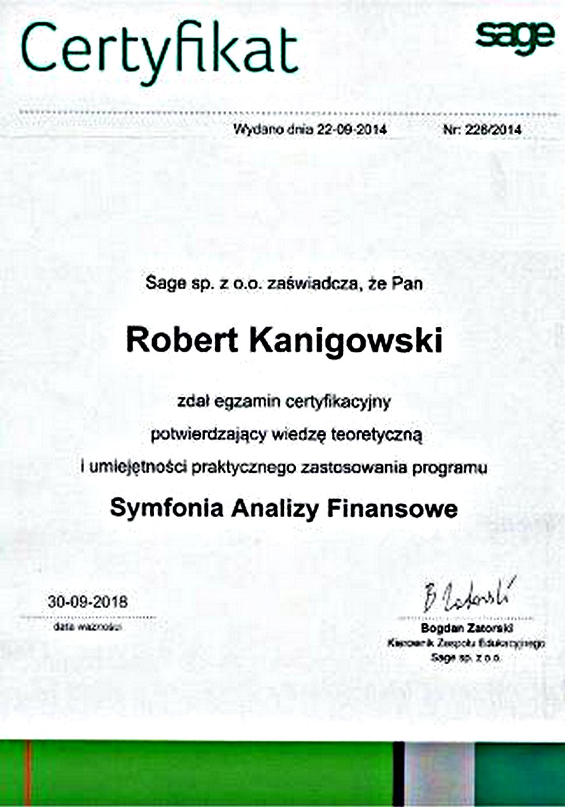 Potwierdzenie zadania egzaminu certyfikacyjnego Symfonia Analizy Finansowe Robert Kanigowski