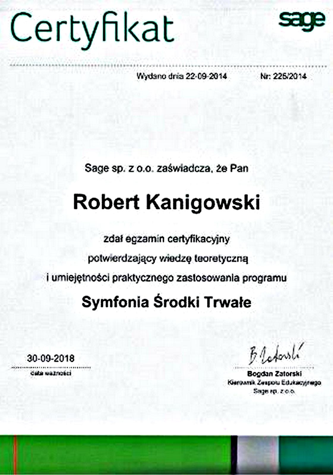 Potwierdzenie zadania egzaminu certyfikacyjnego Symfonia Środki Trwałe Robert Kanigowski