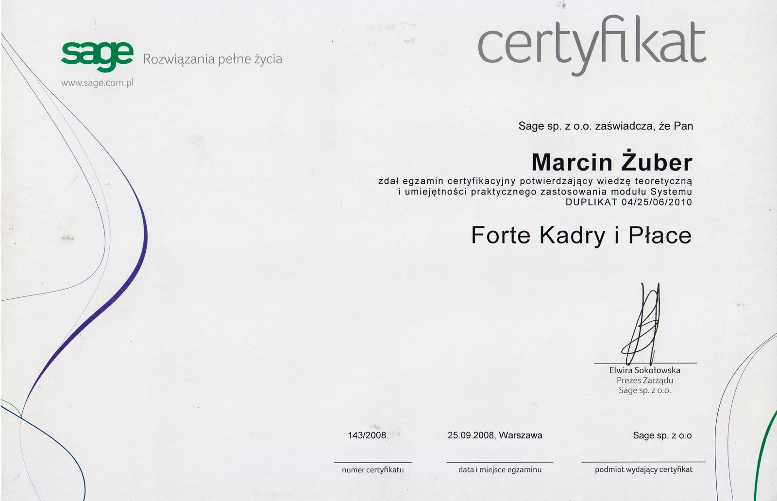 Potwierdzenie zadania egzaminu certyfikacyjnego - Forte Kadry i Płace Marcin Żuber