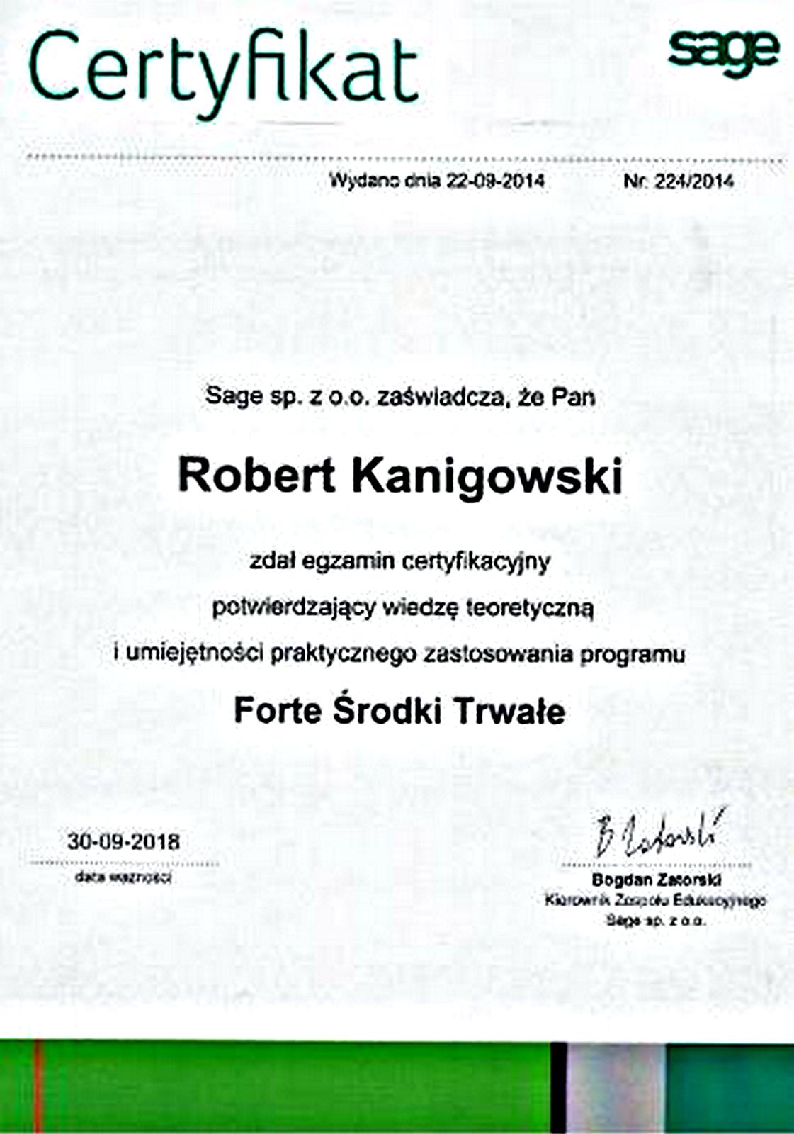 Potwierdzenie zadania egzaminu certyfikacyjnego Forte Środki Trwałe Robert Kanigowski