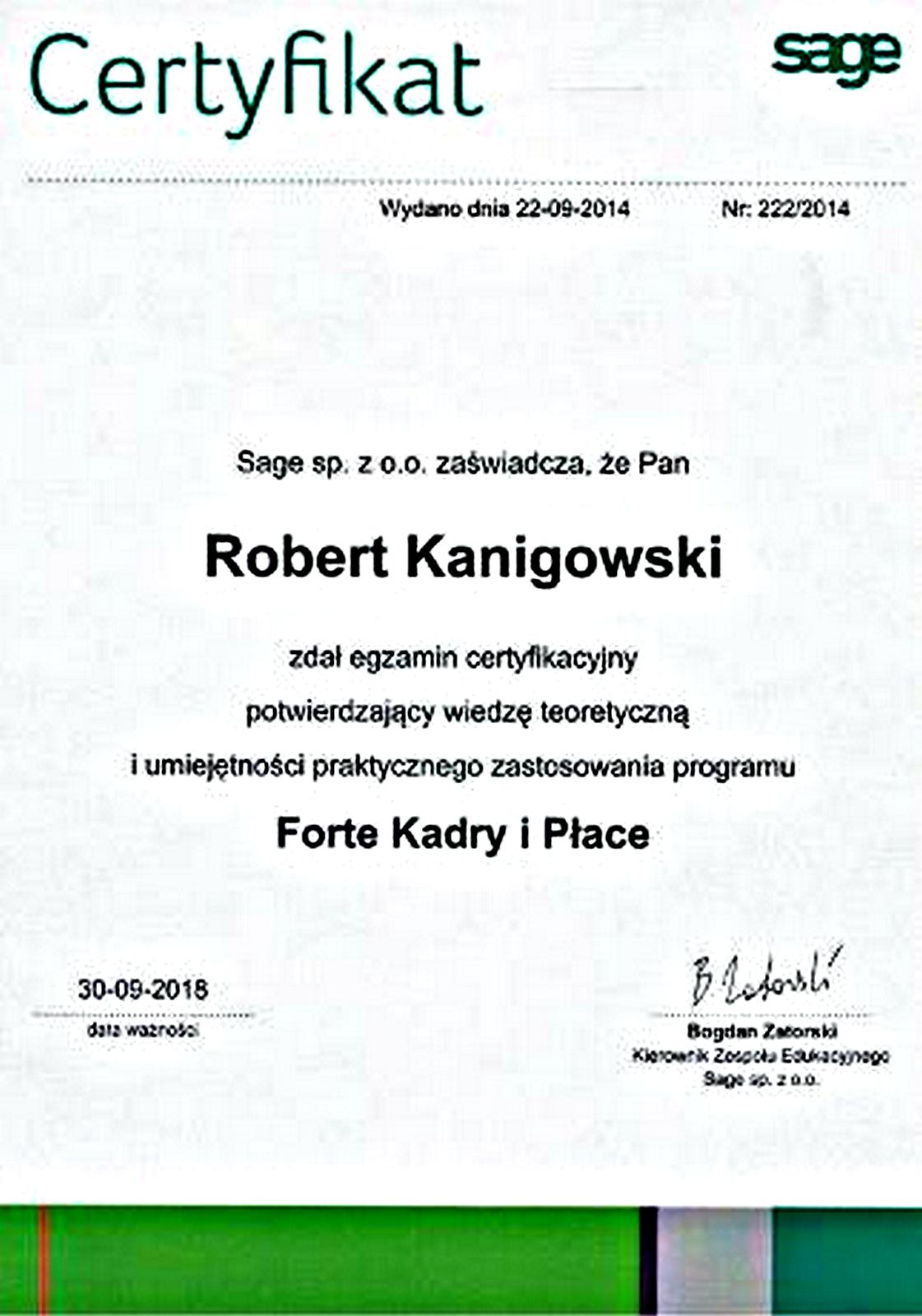 Potwierdzenie zadania egzaminu certyfikacyjnego Forte Kadry i Płace Robert Kanigowski
