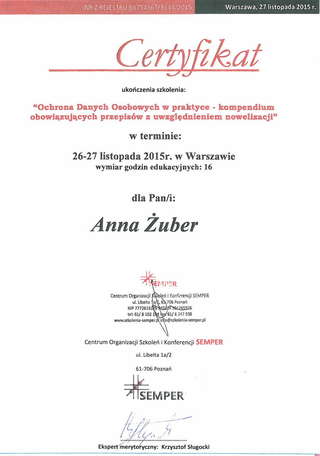 Zaświadczenie o ukończeniu szkolenia Ochrona Danych Osobowych w praktyce Anna Żuber