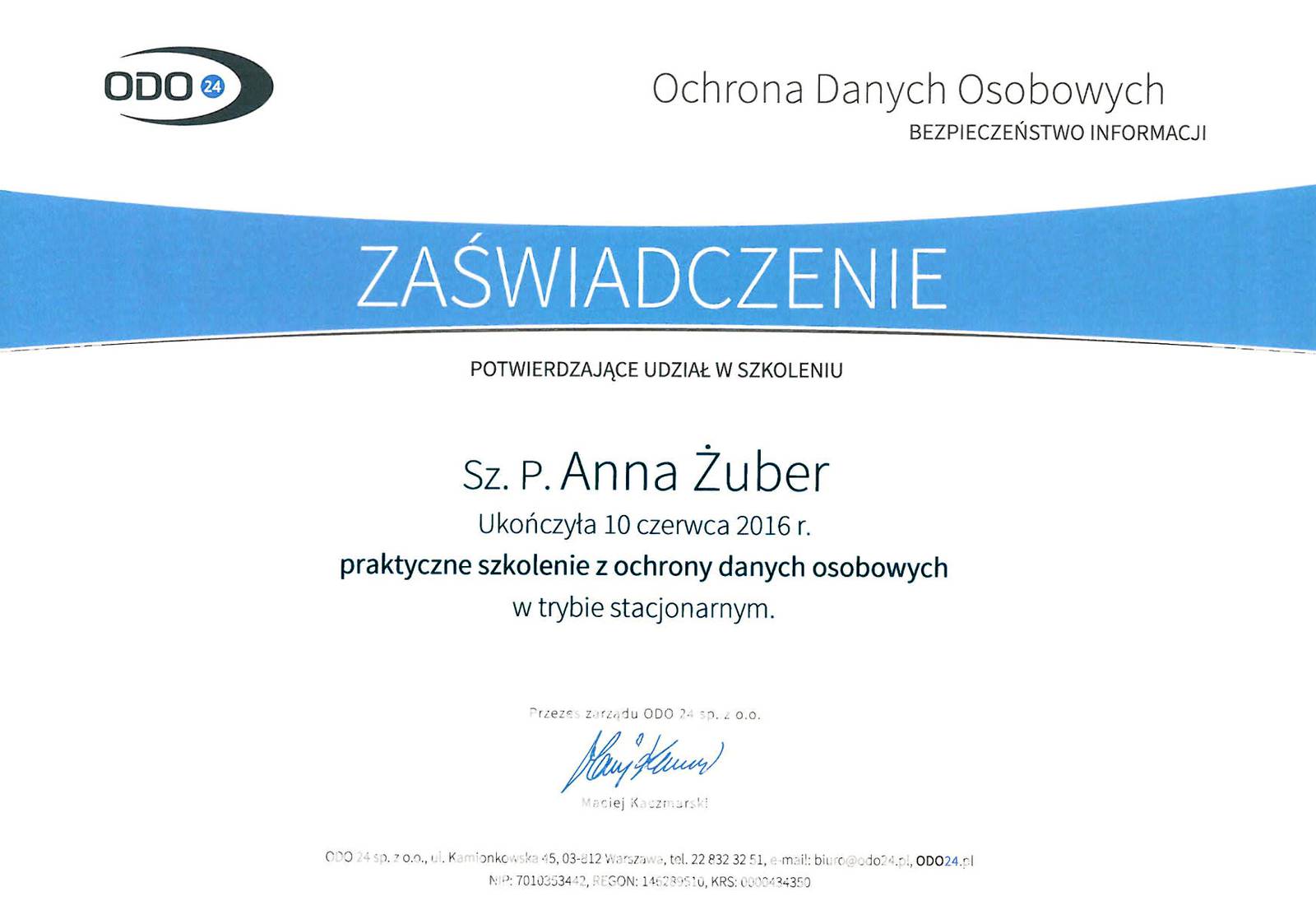 Zaświadczenie o ukończeniu szkolenia praktyczne szkolenie z ochrony danych osobowych Anna Żuber